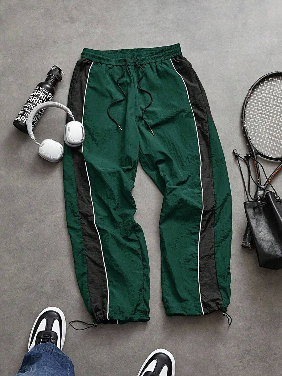 Sport MetroGents Calça esportiva masculina minimalista casual com detalhes em patchwork, cadarço e bolsos, ideal para o outono. Respirável e confortável. - Multicolorido - Ver 1
