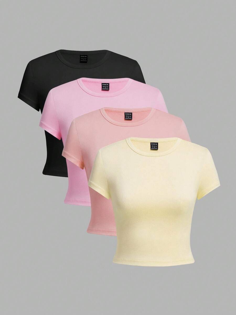 SHEIN EZwear 4件套休闲圆领短袖修身女式T恤，适合夏季 - 彩色 - 查看 1