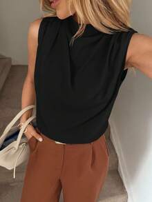 SHEIN LUNE Damen Große Größen Einfarbiges Hemd mit Stehkragen und plissiertem ärmellosen Lässig-Stil - Schwarz - Übersicht 6