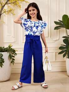 SHEIN Tween Girls' Floral Printed Ruffle Hem Cap Sleeve Top And Shorts Two Pieces Set - Blue - View 3