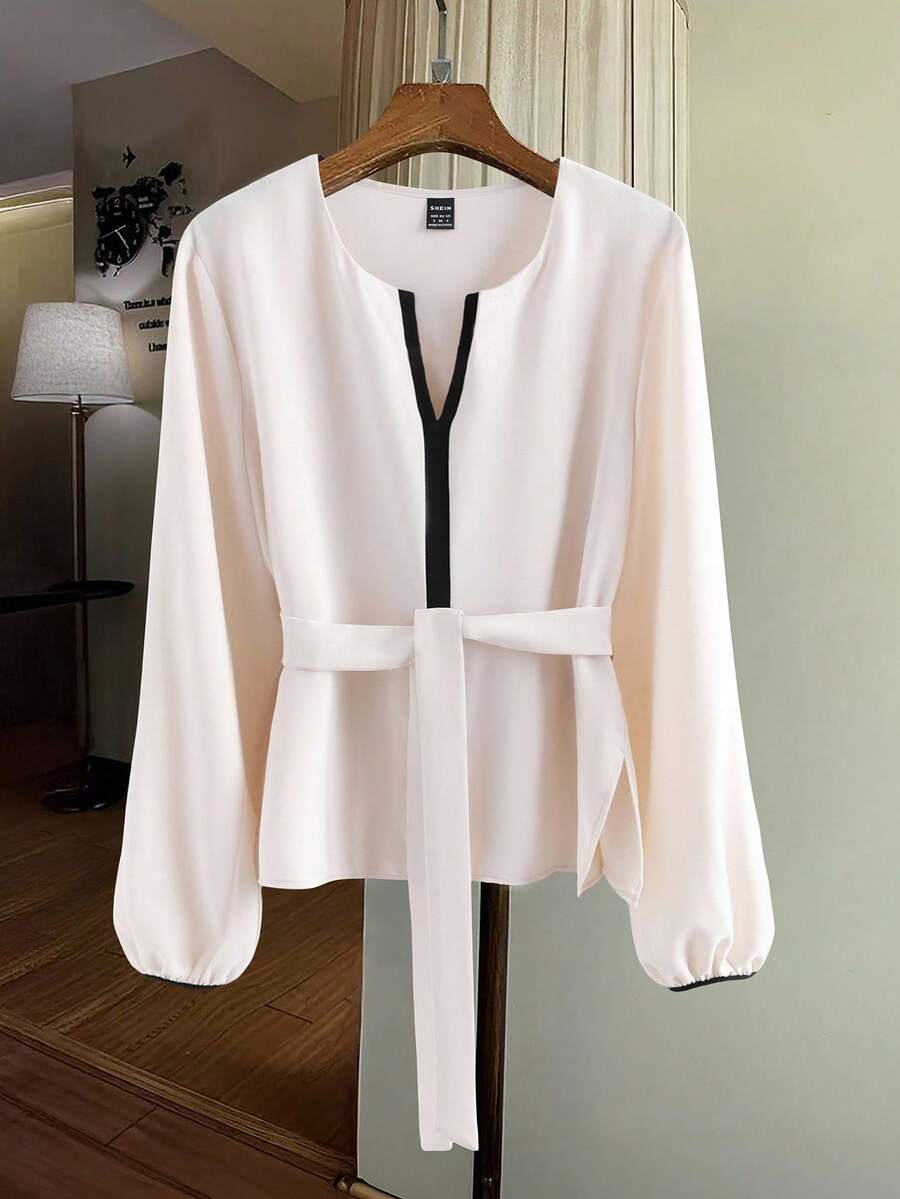 Franclia 1 Áo cánh dài tay thắt eo tối giản thanh lịch dành cho nữ - Màu be - Xem 1