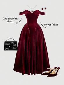 SHEIN MOD 露肩V腰连衣裙，适合派对、约会、生日庆祝、下午茶和节日、万圣节、哥特式 - 酒紅色 - 查看 1