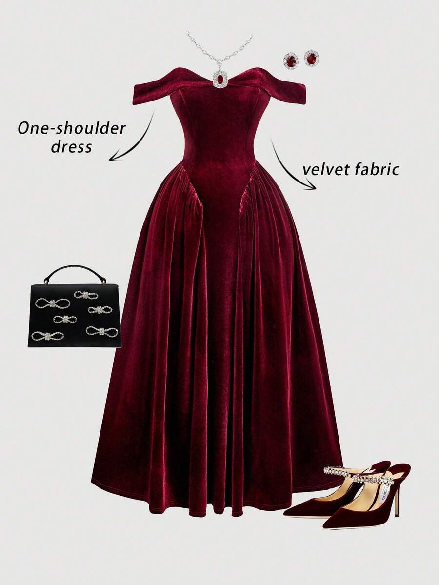 SHEIN MOD 露肩V腰连衣裙，适合派对、约会、生日庆祝、下午茶和节日、万圣节、哥特式 - 酒紅色 - 查看 1