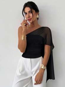 Firerie Women's Elegant Casual Vacation Daily Fashion Versatile White Asymmetric Neck Mesh Patchwork Asymmetrical Tie Fitted Blouse, Summer,Black Tops - Black - View 5