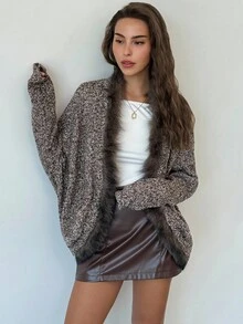 Aloruh Women's Casual Bat Wing Sleeve Patchwork Furry Trim Open Front Jacket, Autumn/Winter - Grey - View 1