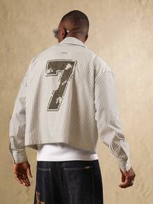 SUMWON 经典纽扣长袖条纹衬衫，背面印有数字 7，周末休闲装，现代街头潮流单品 - 卡其色 - 查看 1