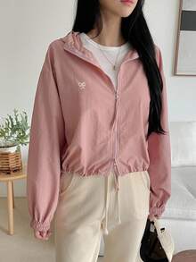 DAZY Women's Front Zipper Long Sleeve Hooded Jacket With Bowknot Embroidery, Casual Daily Wear,Fall Clothes - Pink - View 3