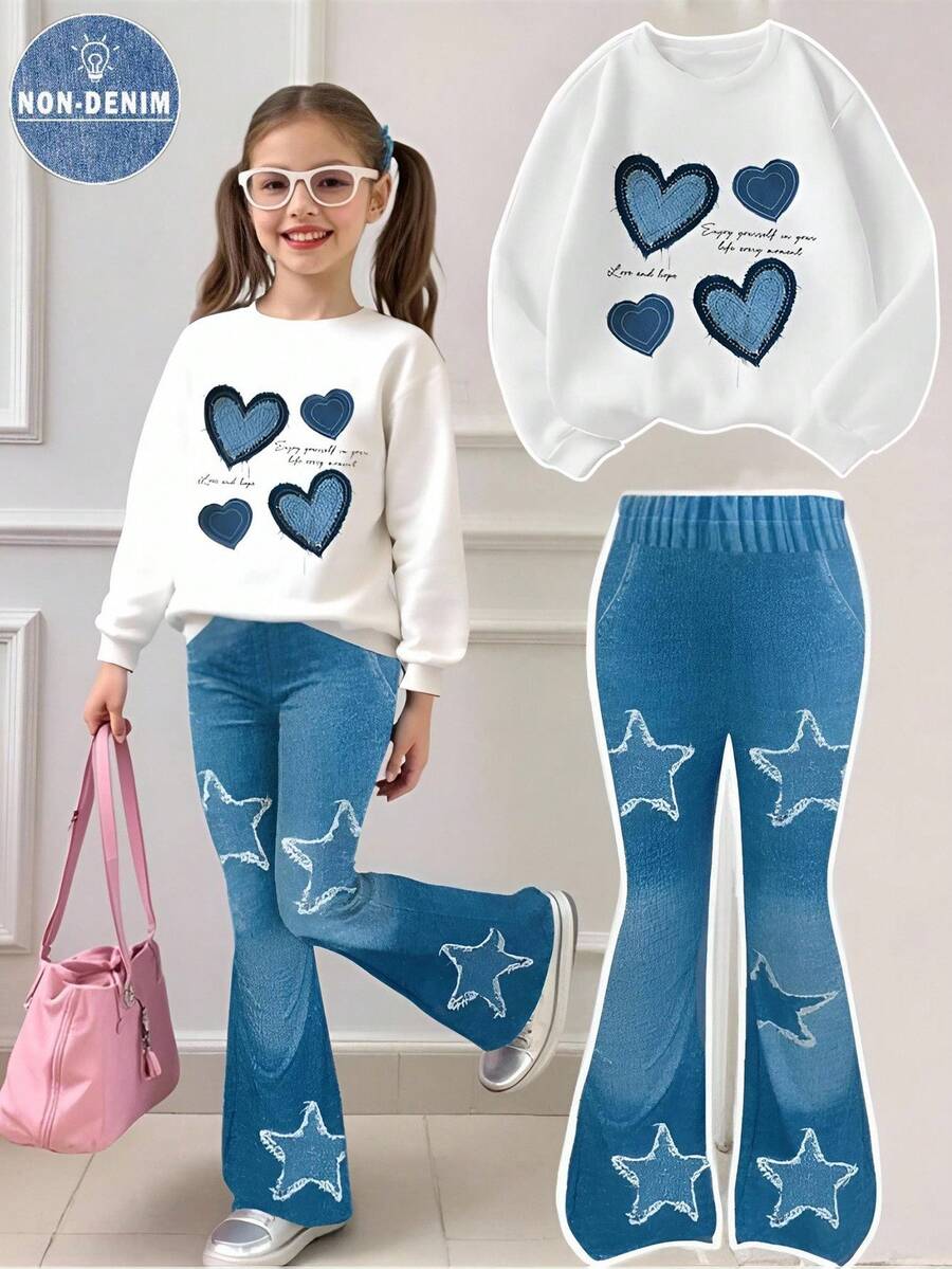 Autumn/Winter New Heart & Star Pattern Sweatshirt + Flare Leg Pants Set Fall - Multicolor - View 1