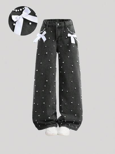 Girlism Tween Girls' Elegant Light Washed Distressed Bowknot High Waist Baggy Denim Straight Leg With Pocket Insert,Faux Pearl,And Frayed Hem,For Spring And Summer Vacation Festival Outfits,Girls Summer Beach Boho Vacation Wide Leg Pants, Summer Concert Festival Casual Rave Outfits, Girls Summer Brunch Church Graduation Outfits, Kawaii Pants, Pearl Pants, Pants With Bows, Pants With Pearls, Bow Pants