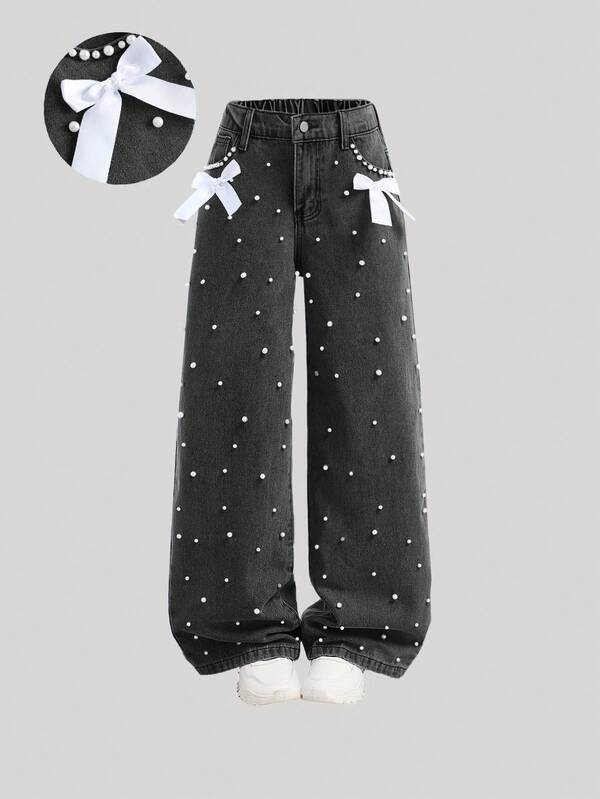 Girlism Tween Girls' Elegant Light Washed Distressed Bowknot High Waist Baggy Denim Straight Leg With Pocket Insert,Faux Pearl,And Frayed Hem,For Spring And Summer Vacation Festival Outfits,Girls Summer Beach Boho Vacation Wide Leg Pants, Summer Concert Festival Casual Rave Outfits, Girls Summer Brunch Church Graduation Outfits, Kawaii Pants, Pearl Pants, Pants With Bows, Pants With Pearls, Bow Pants