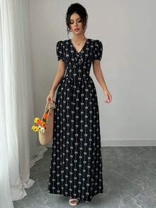 Elenzga Đầm dài tay bồng eo co giãn thanh lịch dành cho nữ mùa hè, đầm maxi. Dành cho mùa xuân/hè, trang phục dự tiệc cho nữ, trang phục thanh lịch, phù hợp để đi làm hàng ngày, lễ hội âm nhạc, trang phục ngày lễ - màu đen - Xem 3