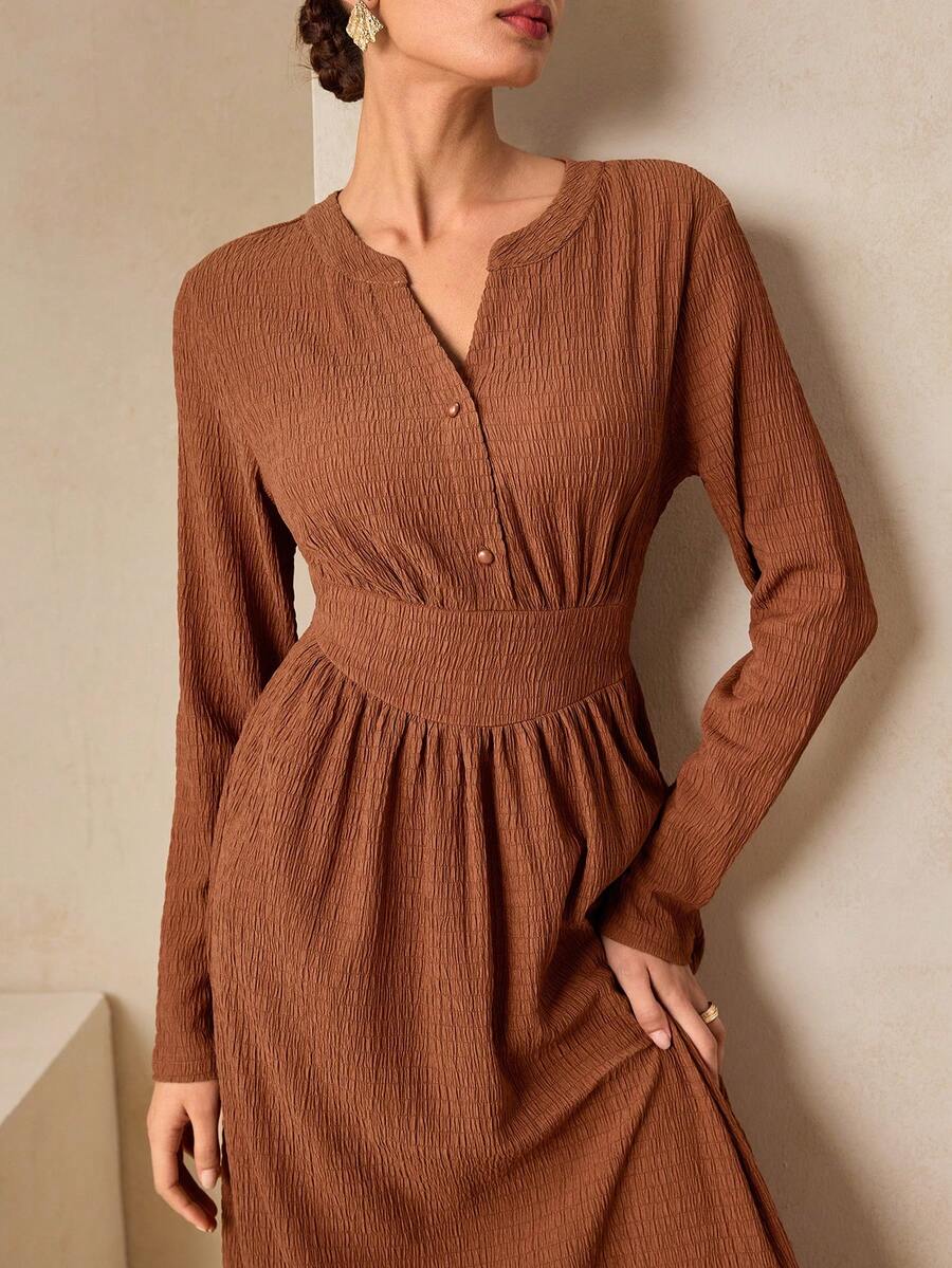 Graceveil 秋季棕色针织纹理面料腰带设计褶饰优雅长款毕业礼服 - 棕色 - 查看 1