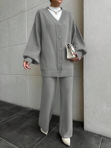 EURMUSE Women Drop Shoulder Button Front Cardigan And Sweater Pant 2 Pieces Outfit Set Co-Ords - Grey - View 8