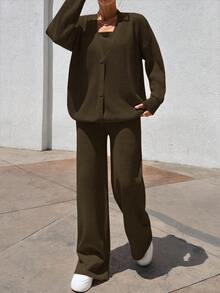 EURMUSE WOMEN 3 PiecesSET TOP CARDİGAN AND PANT - Army Green - View 7