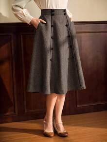 Vintamour 复古优雅女式 A 字裙，宽松棕色带口袋，双排扣，休闲办公室假日喇叭裙秋季女装商务休闲女装返校节冬季女装秋季裙办公室女装秋季女装冬季服装冬季女装秋季服装 Cottage Core 生日女装圣诞服装工作服 Old Money - 咖啡棕 - 查看 7