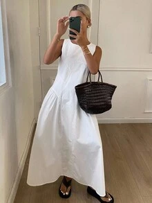 DAZY Đầm suông cổ tròn ôm sát màu trơn không tay xẻ tà thường ngày dành cho nữ, mùa thu - trắng - Xem 3