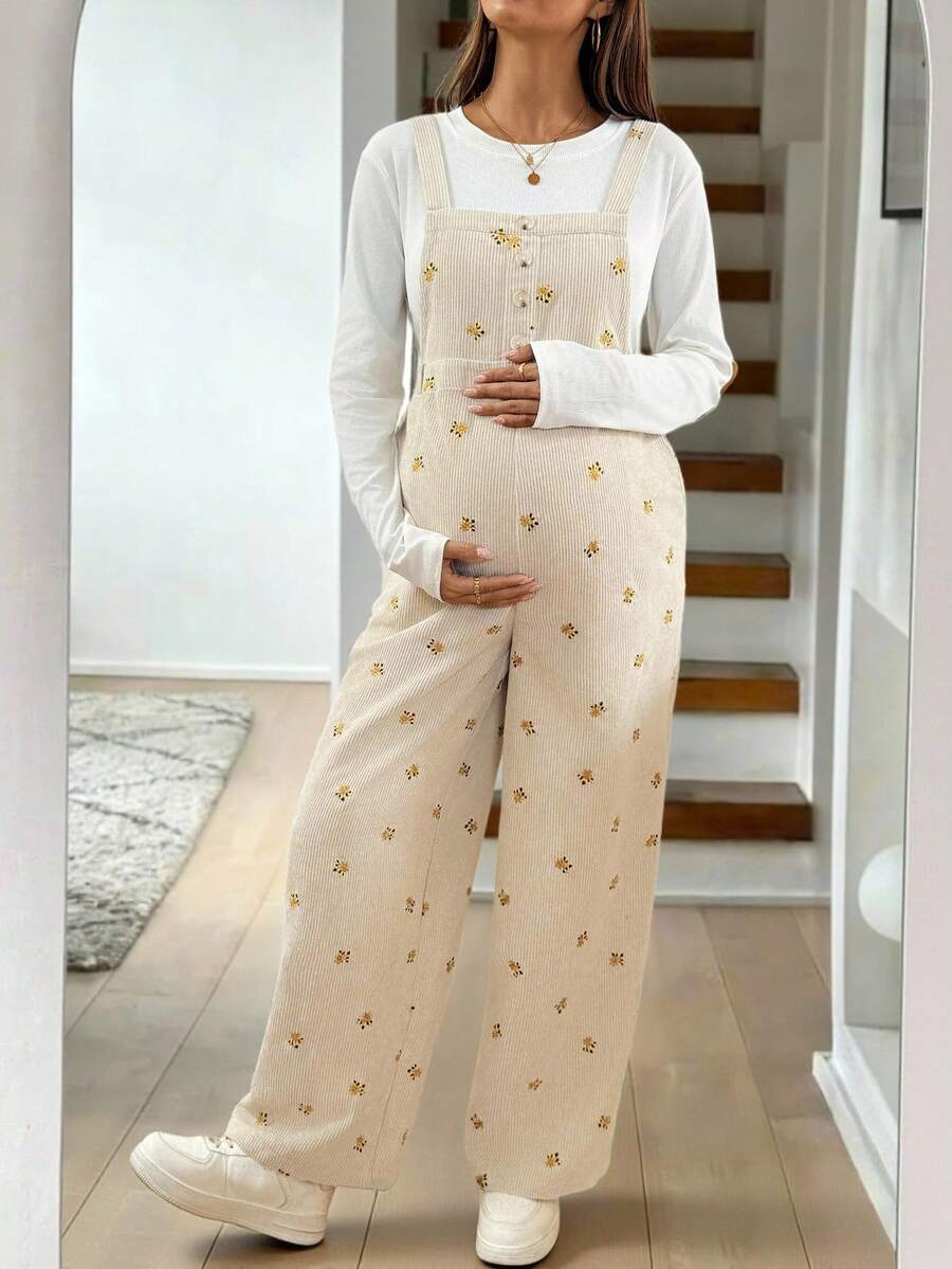 SHEIN Autumn And Winter Casual Fashion Versatile Loose Comfortable Wide Strap Maternity Jumpsuits - Apricot - View 1