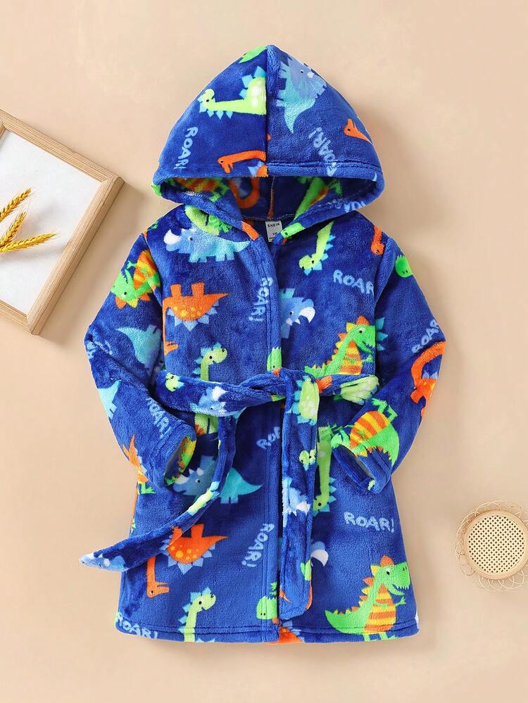 Young Boy Dinosaur Print Hooded Flannel Lounge Robe