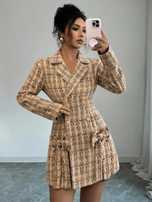 Selianne Women's Elegant Autumn/Winter Waist-Cinched Jacquard Textured Fabric Bow Design Simple Commuter Outdoor Long Jacket - Multicolor - View 1