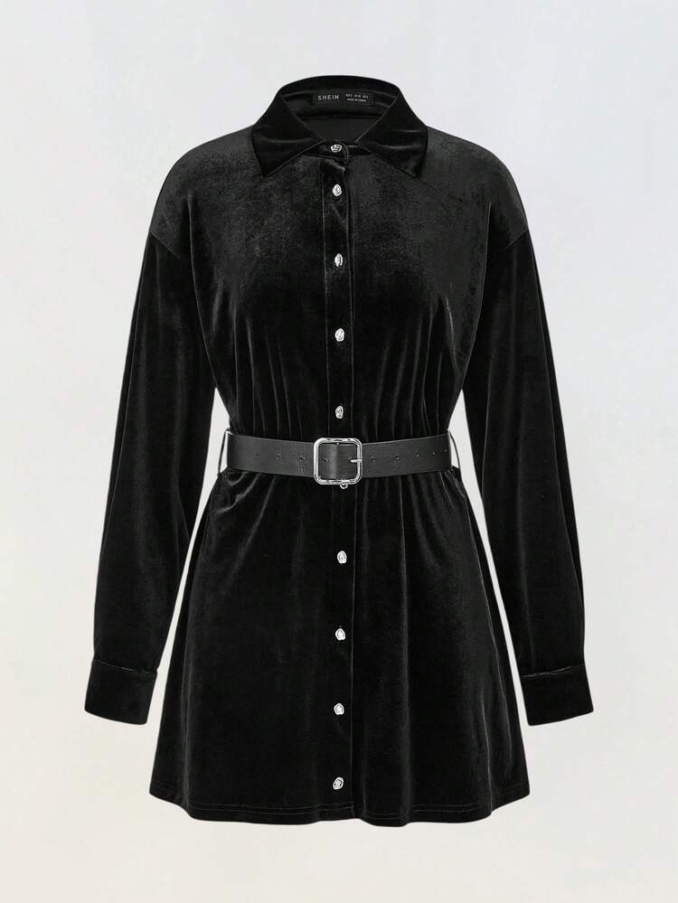 SHEIN Maija Women's Casual Solid Color Front Button Short Dress, Fall Clothes For Women,Halloween Costumes