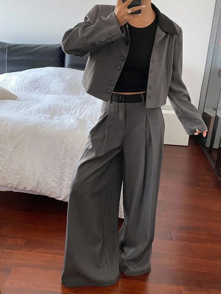 2pcs Women Casual Contrast Color Collared Long Sleeve Fitted Jacket & Wide Leg Pants Set, Autumn/Winter Y2k