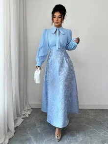 Elenzga Váy dài tay dáng chữ A xếp ly eo thanh lịch mới thu/đông 2025 dành cho nữ - Màu xanh nhạt - Xem 5