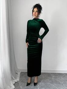 Elenzga Vestido largo con volantes asimétricos de terciopelo y abertura alta para mujer