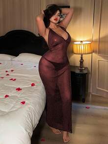 Dazy Plus 网状透视长款吊带内衣 - 酒紅色 - 查看 4