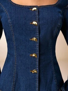 Avantive Langärmliges Jeanshemd mit quadratischem Ausschnitt, dekoriert mit Metallknöpfen, geeignet für Winter/Herbst, Ausgehen, Geburtstag, Casual, Millennium/2000/90er Jahre, Western-Stil Damen, Club, Büro, Cocktails, Retro, Rave Festival, Fun, Klassisch, Old Money, Streetwear, Workwear, Junggesellinnenabschied, Konzert, Basic, Ausgehen, Elegant, Casual - Mittele Waschung - Übersicht 6