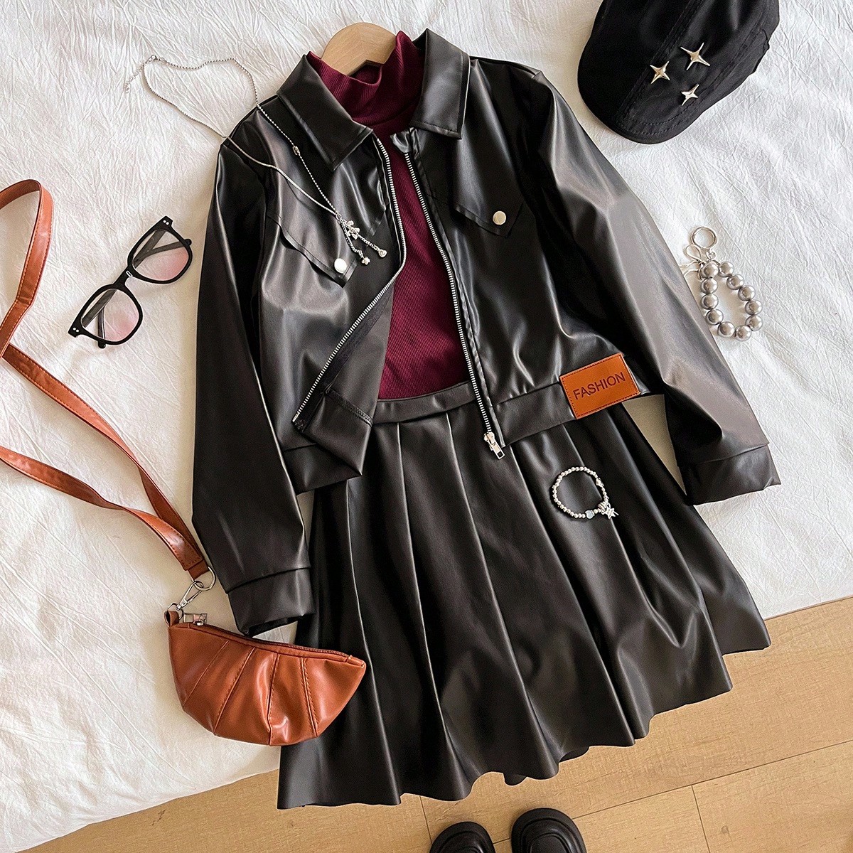 Conjunto de 3 piezas de estilo dulce y fresco para niña preadolescente en otoño, incluye chaqueta de cuero sintético con botones plateados, blusa d
