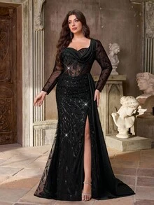 Aureia Vestido elegante y lujoso de talla grande con mangas largas transparentes, bordado, encaje con lentejuelas, satén con empalme, abertura sexy de cola de pez con volante lateral, adecuado para bodas, fiestas de solteros, vacaciones, bailes, ocasiones formales (resistente)