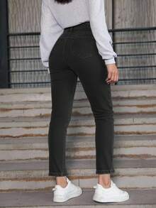 EURMUSE High Waist Straight Leg Denim Jeans - Dark Grey - View 2