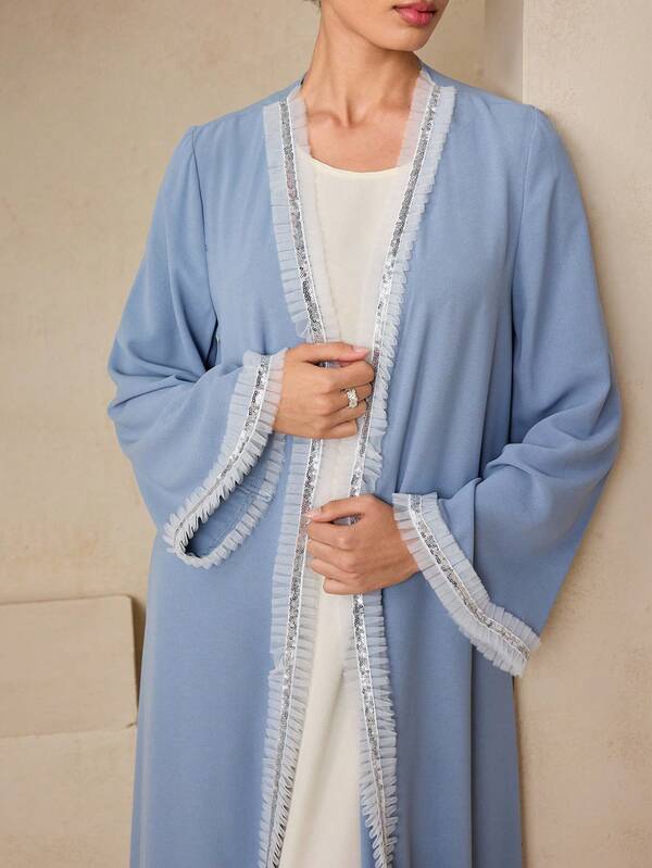 Graceveil Elegant Sequin Decorated Mesh Trim Two Pieces Set With Long Sleeves, Hazy Blue, Suitable For Autumn Outings