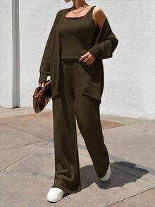 EURMUSE WOMEN 3 PiecesSET TOP CARDİGAN AND PANT - Army Green - View 5