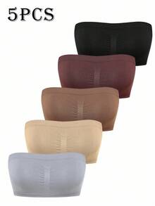 SHAPORA 5pcs/Set Seamless Solid Color Pleated Bandeau Bras For Women - Multicolor - View 6