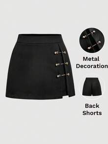 SHEIN MOD Women's Casual Minimalist Metal Buckle Decoration Black Shorts, Versatile For Commuting - Black - View 1