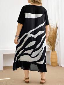 EMERY ROSE Plus Size Women's Short Sleeve Colorblock Printed Vacation Casual Blue And White Striped Dress