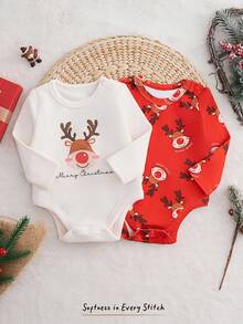 Cozy Pixies 2件套新生儿男女宝宝卡通圣诞鹿和吉祥动物图案针织柔软圆领长袖连体衣套装，秋冬季 - 彩色 - 查看 3