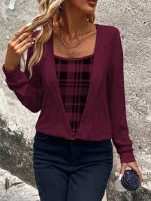 EMERY ROSE Women's Casual Plaid Patchwork Sweatshirt, Autumn - Red Violet - View 3