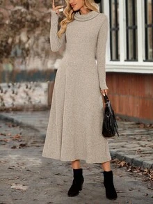 EMERY ROSE Women's Casual Solid Color Long Sleeve Dress, Autumn/Winter - Apricot - View 3