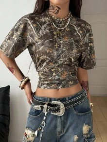 Coolane 女式夏季简约 Y2K 基本款日常休闲返校街头风弹力白色宽松褶皱短款 T 恤 - 棕色 - 查看 2