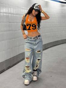 StreetHx Striped Print Street Style Tank Top - Orange - View 4