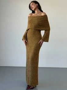 Aloruh Women's Elegant Mustard Yellow Sweater Dress,Off Shoulder Large Lapel Long Sleeve Slim Fit Solid Color Knit Dresses For Autumn Date Night Clothing - Green - View 7