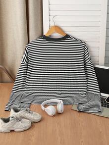 INAWLY 女士休闲条纹圆领落肩长袖T恤，简约时尚 - 黑與白 - 查看 2