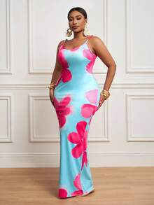 Slaydiva 大码女式无袖花卉印花修身夏装 - 藍色 - 查看 3