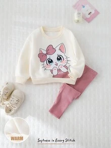 Cozy Pixies 2 pezzi Set di felpa girocollo a maniche lunghe con motivo carino per bambina e leggings in colore unito con vita elastica, autunno/inverno