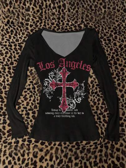 Attitoon Maglietta a maniche lunghe con scollo a V, motivo a croce e Los Angeles, adatta per donna, Ognissanti, stile Y2K, streetwear, vintage, back to school, vintage, autunno, vacanza, casual, autunno/inverno, hip-hop, stile core, estetica di Ognissanti, gotico, cybergoth