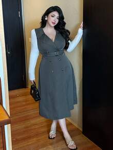 Flirla Plus Size Casual Commuter Solid Color Double-Breasted Sleeveless Windbreaker Winter Fall Autumn