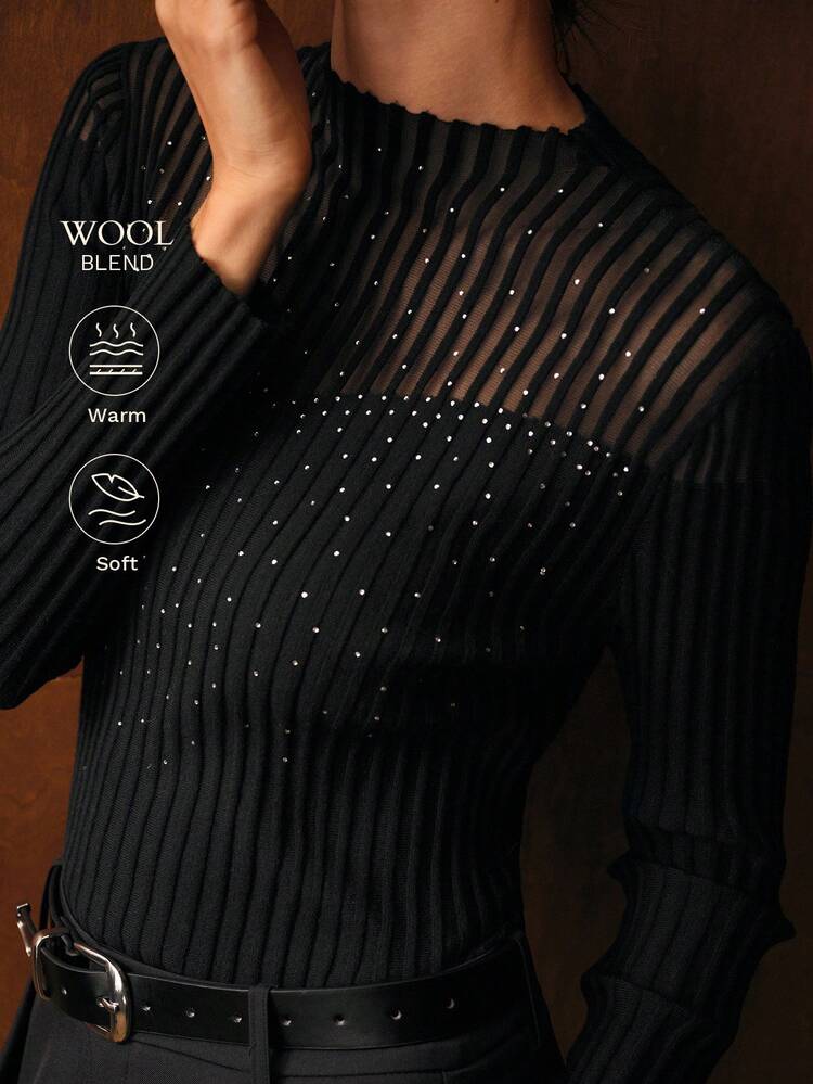RHINESTONE SHEER YOKE SLIM FIT SWEATER