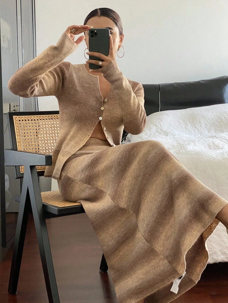 Livesso Women's Ombre V-Neck Cardigan And Skirt 2 Pieces Knit Set, Autumn